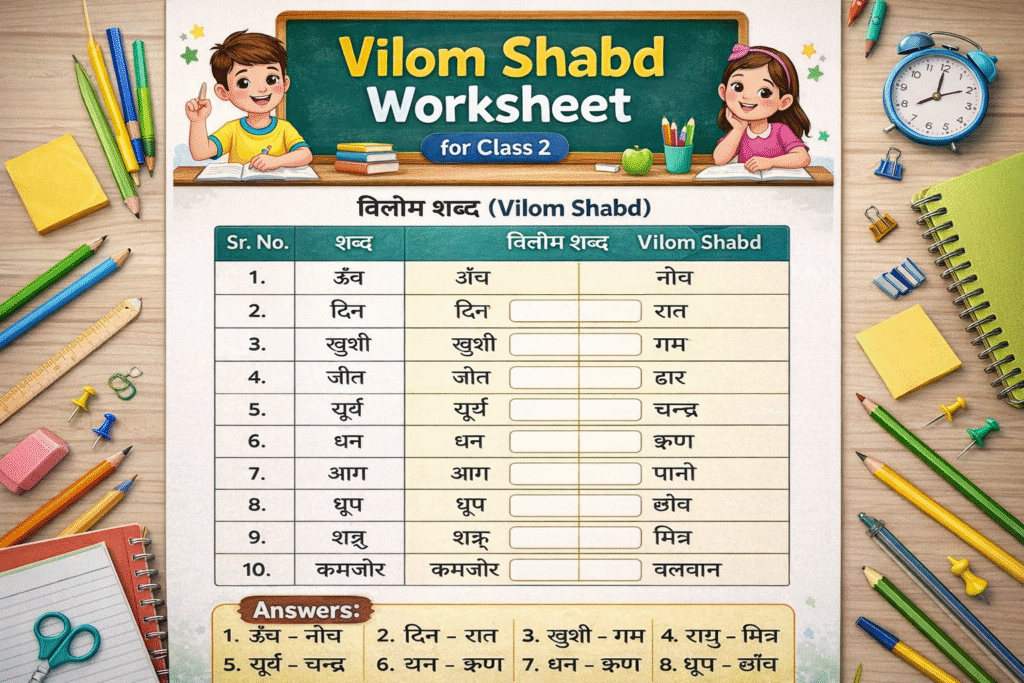Vilom Shabd Worksheet for Class 2 with Answers
